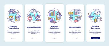 Akıllı içerik, mobil uygulama sayfası ekranında kavramlarla birlikte kullanılıyor. Çevrimiçi iş gezintisi. 5 adım grafik talimatlar. UI, UX, doğrusal renk çizimleri olan GUI vektör şablonu