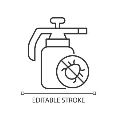 Böcek ilacı doğrusal simgesi. Haşereleri kontrol etmek için kullanılan maddeler. Çiftliği ve bahçeyi koruyorum. İnce çizgi özelleştirilebilir illüstrasyon. Contour sembolü. Vektör izole çizim. Düzenlenebilir vuruş