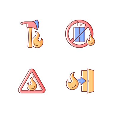İşyeri yangın güvenliği RGB renk simgeleri ayarlandı. Pulaski baltası. Asansörü kullanmayın. Yanıcı madde işareti. Acil çıkış. Tehlike yönetmeliği ve yönlendirme. İzole vektör çizimleri