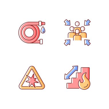 Ofis yangın güvenliği talimatları RGB renk simgeleri ayarlandı. Su hortumu. Toplanma noktası. Patlama riski var. Acil tahliye için merdivenler. Tehlike yönetmeliği ve yönlendirme. İzole vektör çizimleri