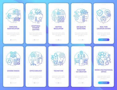 Mobil uygulama sayfası ekranında kavramları ayarlanmış akıllı çalışma alanı. Çeşitli tasarım, yönetmelik yürüyüşü 5 adım grafik talimatlar. UI, UX, doğrusal renk çizimleri olan GUI vektör şablonu