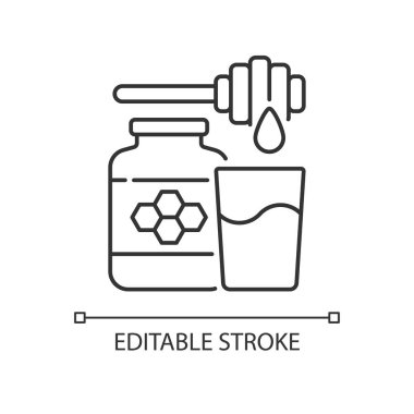 Süt ve bal doğrusal simgesi. Yatmadan önce tedavi. Uykuyu iyileştirmek için tatlandırılmış içecek. İnce çizgi özelleştirilebilir illüstrasyon. Contour sembolü. Vektör izole çizim. Düzenlenebilir vuruş