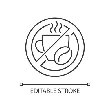 Kafein doğrusal ikonu yok. Kahve alımını kısıtla. Beslenme içeceği. Sağlıksız ürünlerden uzak dur. İnce çizgi özelleştirilebilir illüstrasyon. Contour sembolü. Vektör izole çizim. Düzenlenebilir vuruş