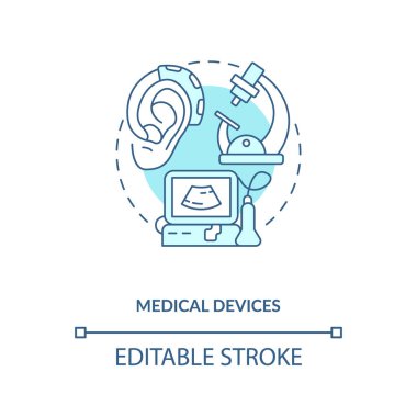 Tıbbi cihazlar konsepti simgesi. E-atık kategorisi fikri ince çizgi çizimi. Analizciler, tarayıcılar. Laboratuvar, hastane ve araştırma merkezi. Vektör izole edilmiş RGB renk çizimi. Düzenlenebilir vuruş