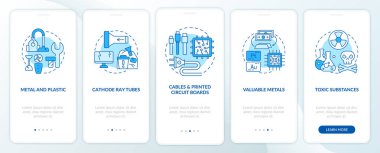 Mobil uygulama sayfası ekranında konseptli e-çöp parçaları. Metal ve plastik, toksik maddeler 5 aşamalı grafik talimatlar. UI, UX, doğrusal renk çizimleri olan GUI vektör şablonu