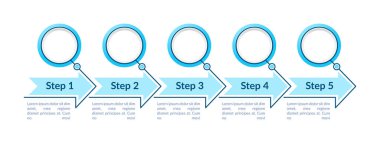 Mavi boş daireler vektör bilgi şablonu. Metin alanı olan boş sunum tasarım ögeleri. Veri görselleştirmesi 5 adımda. Zaman çizelgesi. Kopyalama alanı ile çalışma akışı düzeni