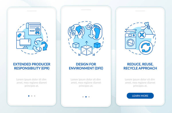 E-trash reducing initiatives onboarding mobile app page screen with concepts. Design, liability walkthrough 3 steps graphic instructions. UI, UX, GUI vector template with linear color illustrations