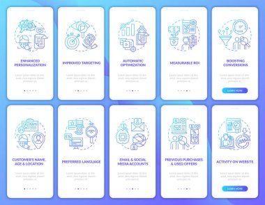 Akıllı içerik donanması mobil uygulama sayfası ekranında kavramları ayarlanmış. Hedefleme stratejileri 5 aşamalı grafik talimatlar üzerinden geçiyor. UI, UX, doğrusal renk çizimleri olan GUI vektör şablonu
