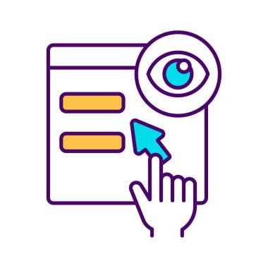 SEO analiz RGB renk simgesi. Dijital pazarlama stratejisi. Web sayfası ziyaretçileri izliyor. Çevrimiçi bilgi özelleştirmesi. Hedef kitle. Arama motoru optimizasyonu. İzole vektör illüstrasyonu