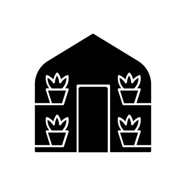 Seralar siyah kabartma simgesi. Düzenli iklim koşulları gerektiren bitkilerin yetiştiği duvarları ve çatısı olan bir yapı. Beyaz uzayda siluet sembolü. Vektör izole illüstrasyonu