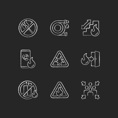 Yangın güvenlik yönergeleri siyah zemin üzerine beyaz tebeşirler. Ateş yakmak yok. Patlama riski var. Kaçış yolu. Asansörü kullanmayın. Yanıcı işaret. İzole edilmiş vektör karatahta çizimleri