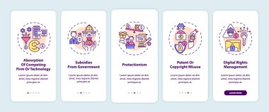 Mobil uygulama sayfa ekranında kavramlarla rekabet karşıtı uygulamalar. Özümseme, 5 aşamalı grafiksel talimatlara uyma. UI, UX, doğrusal renk çizimleri olan GUI vektör şablonu