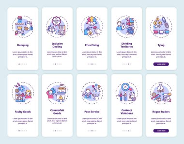 İş uygulamaları mobil uygulama sayfası ekranında konseptlerle çalışır. Tüketici koruması 5 aşamalı grafik talimatları gözden geçiriyor. UI, UX, doğrusal renk çizimleri olan GUI vektör şablonu