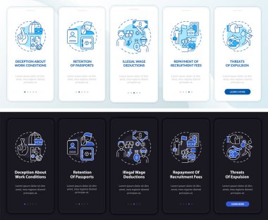 Göçmen işçi hakları ihlali mobil uygulama sayfası ekranında kavramlarla birlikte. 5 aşamalı grafik talimatları gözden geçir. UI, UX, GUI vektör şablonu doğrusal gece ve gündüz kip çizimleri