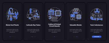 Mobil uygulama sayfası ekranında konseptli elektronik parçalar. Değerli metal, toksik madde 5 aşamalı grafik talimatlar. UI, UX, doğrusal gece kipi çizimleri ile GUI vektör şablonu