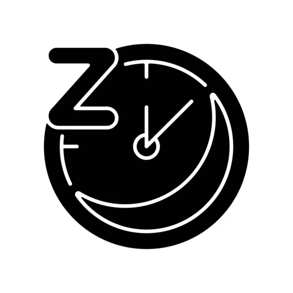 規則的な黒のグリフアイコン 睡眠スケジュール 夜の時間だ 時計の文字盤のベッドタイム 一晩の休息とレクリエーション 夜行性 白い空間にシルエットのシンボル ベクトル分離図 — ストックベクタ