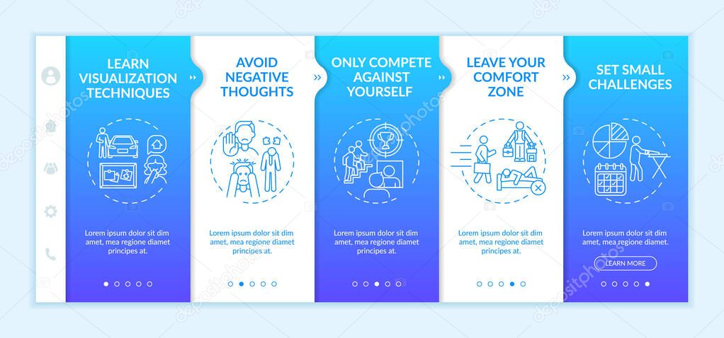 Self-improvement tools onboarding vector template. Responsive mobile website with icons. Web page walkthrough 5 step screens. Skills development color concept with linear illustrations