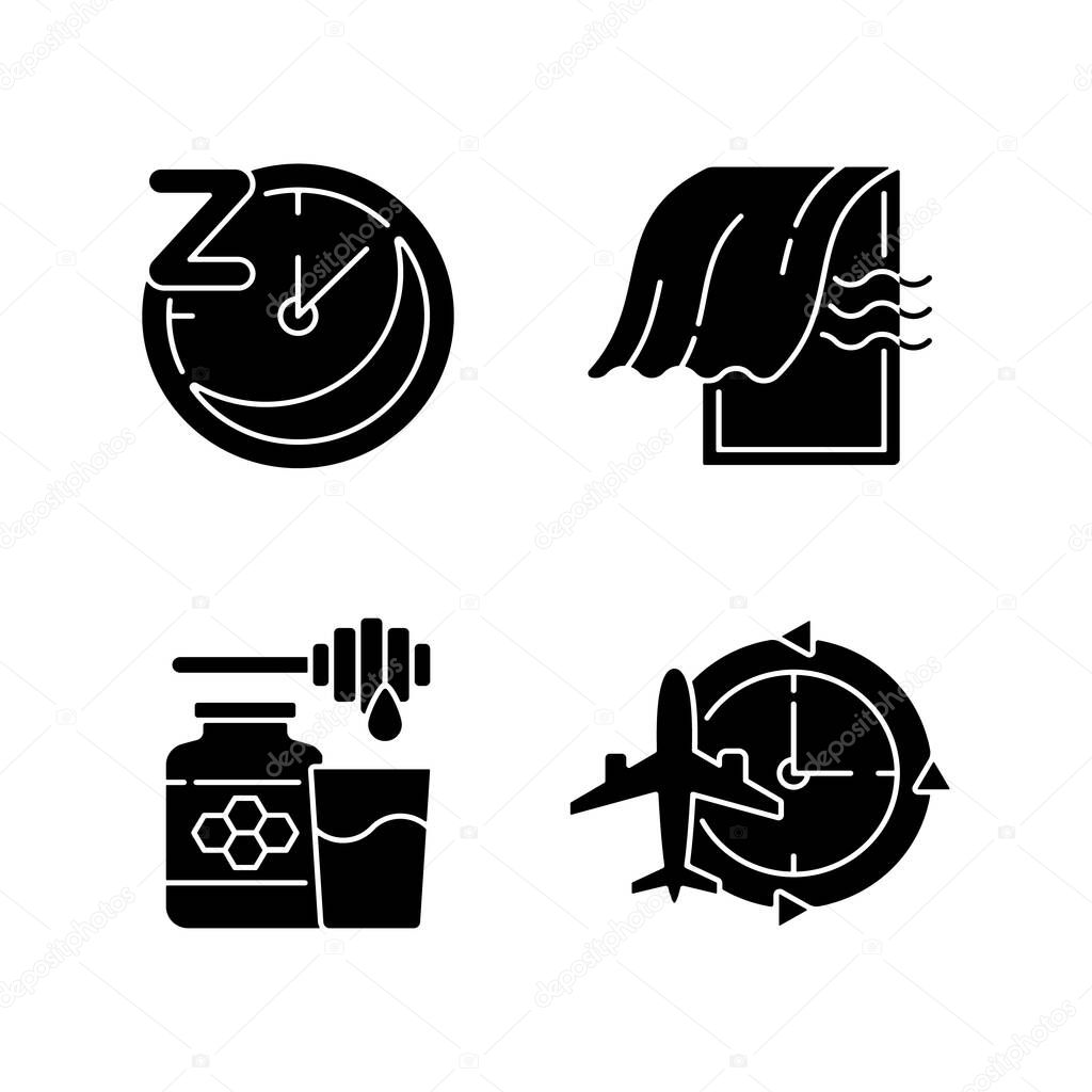 Recommendations to improve sleep black glyph icons set on white space. Sleep hygiene, regularity. Bedroom airing. Milk and honey. Jet lag, time zone. Silhouette symbols. Vector isolated illustration