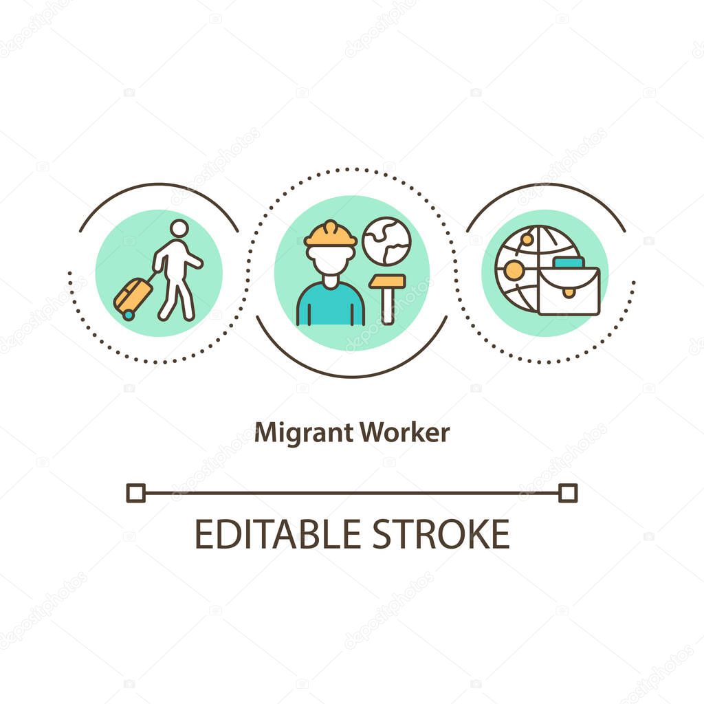 Migrant worker concept icon. Legal job abroad. Person work cross border. Immigrant labor rights idea thin line illustration. Vector isolated outline RGB color drawing. Editable stroke