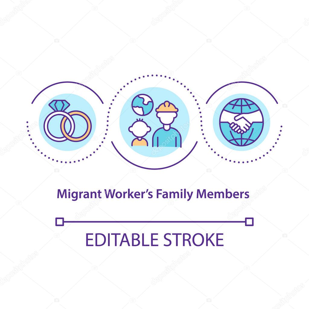 Migrant workers family members concept icon. People reunification. Immigrant employee rights idea thin line illustration. Vector isolated outline RGB color drawing. Editable stroke