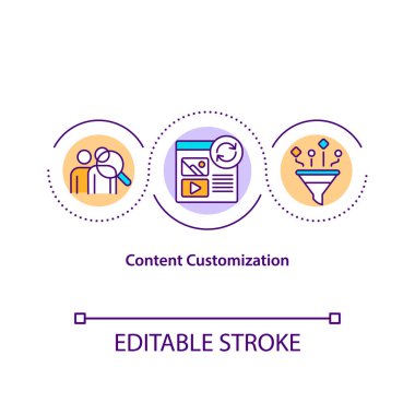 İçerik özelleştirme konsepti simgesi. Bilgi içeriği çeşitli şekillerde özelleştirebilir. E- posta özelleştirme fikri ince çizgi çizimi. Vektör izole edilmiş RGB renk çizimi. Düzenlenebilir vuruş