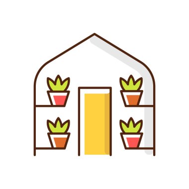 Seralar RGB renk simgesi. Düzenli iklim koşulları gerektiren bitkilerin yetiştirildiği, camdan yapılmış duvarları ve çatısı olan bir yapı. İzole vektör illüstrasyonu