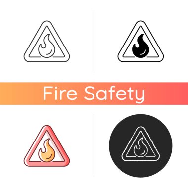 Yanıcı ikon. Tehlikeli madde için üçgen etiket. Uyarı işareti. Yangın güvenliği yönetmeliği, acil durum rehberi. Kaza önleme. Lineer siyah ve RGB renk stilleri. İzole vektör çizimleri