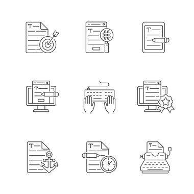 SEO metin doğrusal simgeleri yazılıyor. Acil metin yazma hizmetleri. Serbest proje, SEO işi. Özelleştirilebilir ince çizgi şekilleri. İzole vektör çizimi çizimleri. Düzenlenebilir vuruş