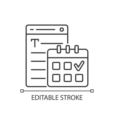 Bitiş tarihleri doğrusal simgesi karşılanıyor. Zaman yönetimi. Görev takvimde işaretlendi. Kopya yazma servisleri. İnce çizgi özelleştirilebilir illüstrasyon. Contour sembolü. Vektör izole çizim. Düzenlenebilir vuruş