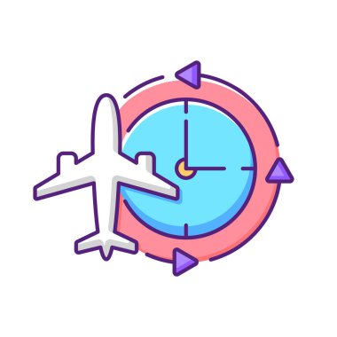 Jet lag RGB renk simgesi. Uyku bozukluğu. Uluslararası uçuşlar yüzünden zaman dilimleri değişiyor. Uçakla seyahat etmekten yorgun düştüm. Uykusuzluk, uykusuzluk sebebi. İzole vektör illüstrasyonu