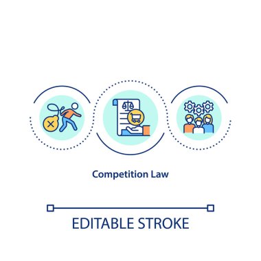 Rekabet hukuku konsepti ikonu. Mahkeme ve hakimin ticaret yönetmeliği. İş hukuku fikriyle uğraşmak ince çizgili bir çizim. Vektör izole edilmiş RGB renk çizimi. Düzenlenebilir vuruş