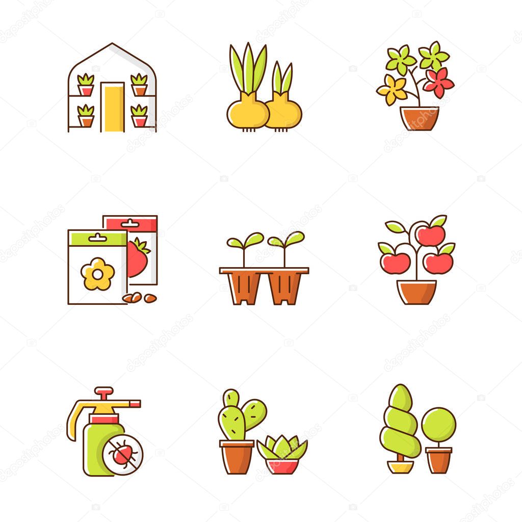 Gardening store categories RGB color icons set. Flower pots and flower beds for gardening. Seedling trays for growing flowers at home. Isolated vector illustrations