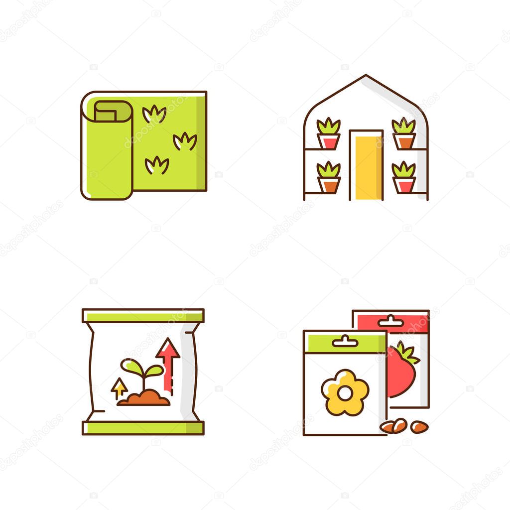 Gardening store categories RGB color icons set. Greenhouses for growing plants in warm during cold year period. Sod rolls for fields. Isolated vector illustrations
