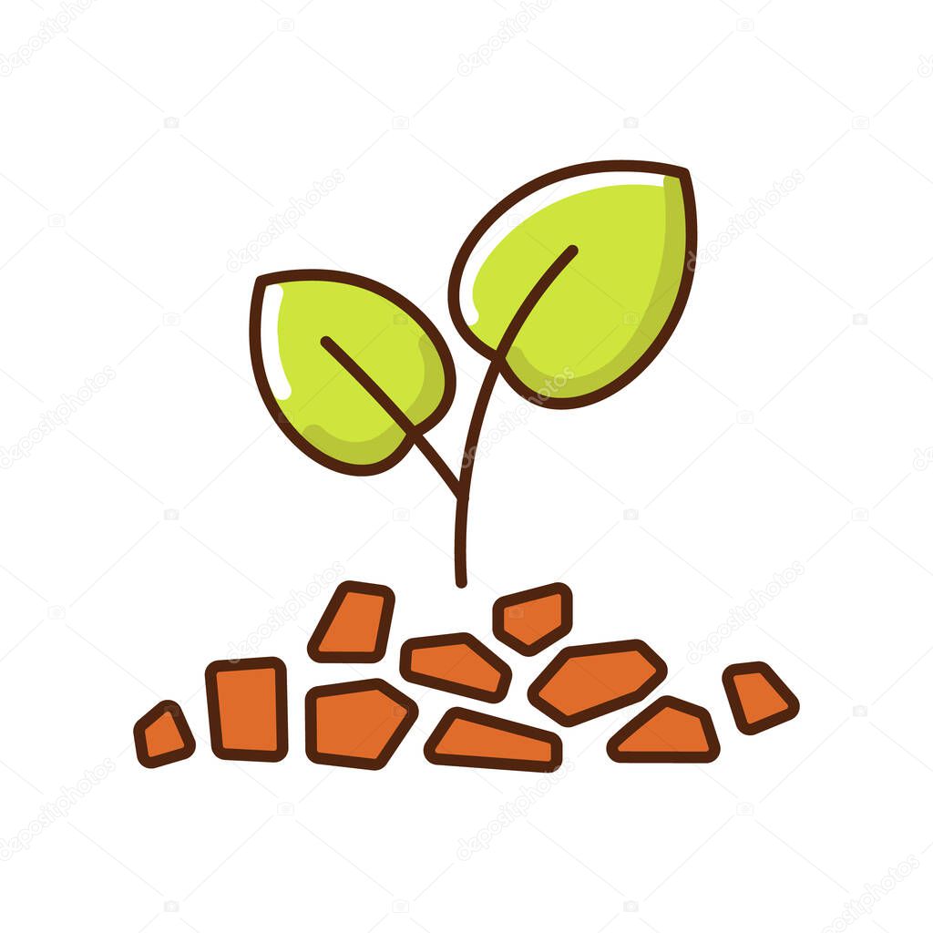 Mulch RGB color icon. Layer of wooden material applied to the surface of soil. Improving fertility and health of soil to grow plants. Isolated vector illustration