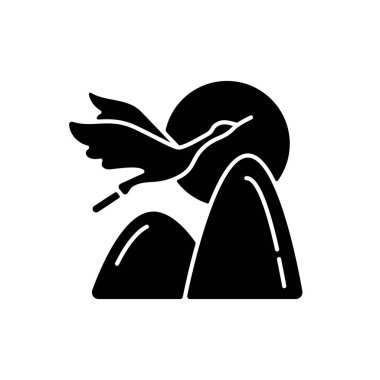 Turna siyah kabartma simgesi. Çin mitolojisi ve sembolizmi. Çifte dokuzuncu festival. Ölümsüzlük, uzun yaşam fikri. Kırmızı taçlı turnalar. Beyaz uzayda siluet sembolü. Vektör izole illüstrasyonu