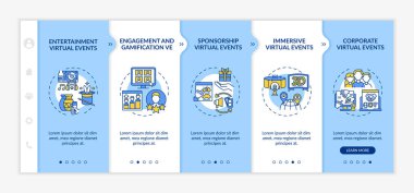 Uzak olaylar vektör şablonunda sıralanır. Simgeli ilgili mobil web sitesi. Web sayfasında 5 basamaklı ekranlar. Gamification, dimersive sessions lineer illüstrasyonlarla renk kavramı