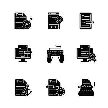 SEO metin siyah simge simgeleri beyaz boşluğa yazılıyor. Acil metin yazma hizmetleri. Profesyonel gazeteci. Mesaj yaz. Online pazarlama için içerik. Siluet sembolleri. Vektör izole illüstrasyonu