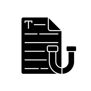 Siyah simge simgesi temyiz ediliyor. Kısa bir mektup. İnternetten e-posta. Sosyal medya için içerik bağlanıyor. SEO raporu. Ticari metin yazıyorum. Beyaz uzayda siluet sembolü. Vektör izole illüstrasyonu