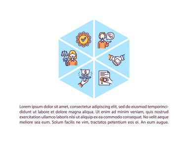 Metinli tüketici hakları koruma konsepti simgeleri. Kopya uzayı ile PPT sayfa vektör şablonu. Broşür, dergi, gazete tasarımı. Hukuk ve legilstaion beyaz üzerine doğrusal çizimler