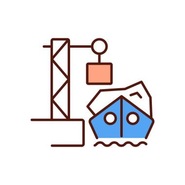 Okyanus boşaltma RGB renk simgesi. Endüstriyel atıklar. Zararlı atık imhası. Deniz çevresi koruması. Denizde yanma. Okyanus sularına ters etkiler. İzole vektör illüstrasyonu