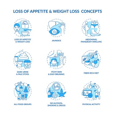 Karaciğer sağlığı konsepti simgeleri ayarlandı. Semptomlar, tedavi fikri ince çizgi RGB renk çizimleri. Alkol yok, sigara içiyorum. Kilo kaybı. Fiziksel aktivite. Vektör izole çizimler. Düzenlenebilir vuruş