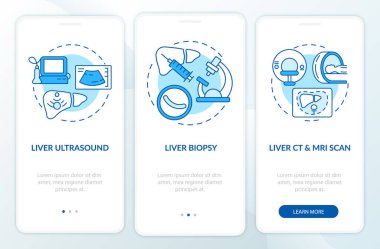 Gezici uygulama sayfasında konseptlerle birlikte hepatit teşhisi. Sonografi, biyopsi, 3 aşamalı grafik talimatlar. UI, UX, doğrusal renk çizimleri olan GUI vektör şablonu