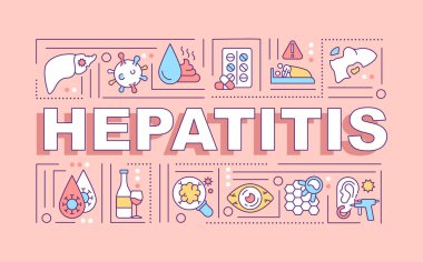 Hepatit kelimesi afişi kavramsallaştırır. Karaciğer iltihabı. Sağlık sorunları. Viral enfeksiyon. Pembe arka planda doğrusal simgeleri olan bilgi grafikleri. İzole tipografi. Vektör çizgisi RGB renk çizimi