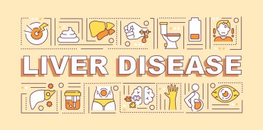Karaciğer hastalığı kelimesi sancak kavramını içeriyor. Karaciğer fonksiyon hasarı. Kışkırtıcı bir durum. Bej arkaplanda doğrusal simgeler olan bilgi grafikleri. İzole tipografi. Vektör çizgisi RGB renk çizimi