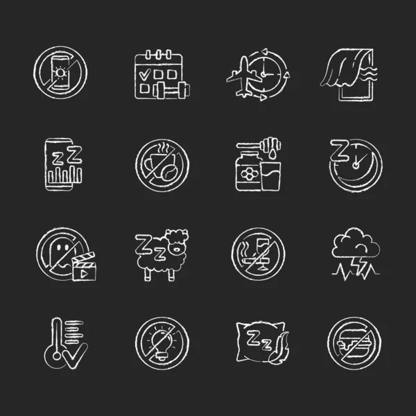 Insomnia Causes Chalk White Icons Set Black Background Reasons Bad — Stock Vector