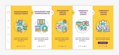 Uzak olaylar vektör şablonunda sıralanır. Simgeli ilgili mobil web sitesi. Web sayfasında 5 basamaklı ekranlar. Çizgisel çizimlerle eğlence, sponsorluk renk kavramı
