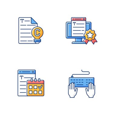 SEO metin RGB renk simgeleri ayarlandı. Asıl bağlanma içeriği. Profesyonel metin yazma hizmetleri. Teslim tarihine yetişiyor. Klavye daktilosu. Mesaj yaz. Profesyonel gazeteci. İzole vektör çizimleri