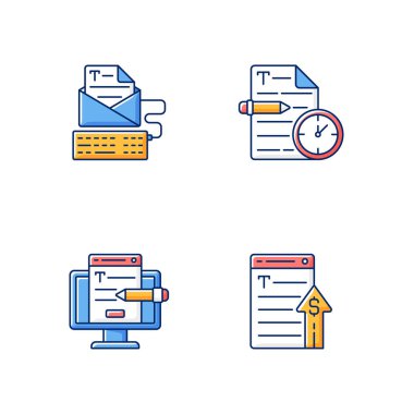 Çevrimiçi reklam için metin RGB renk simgeleri ayarlandı. Daktilo yazma, metin yazma hizmetleri. Acil serbest çalışma, SEO işi. Profesyonel gazeteci. Gelir sağlıyor. İzole vektör çizimleri