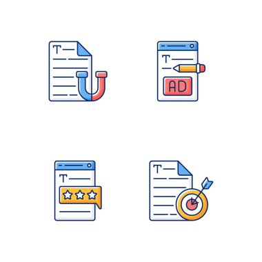 Çevrimiçi içerik RGB renk simgeleri çalıştırılıyor. Temyiz metni. Online pazarlama için reklam yazıyorum. Müşteriler tarafından tanınıyor. Hedef kitleyi hedef alıyor. İyi iş, gazetecilik. İzole vektör çizimleri