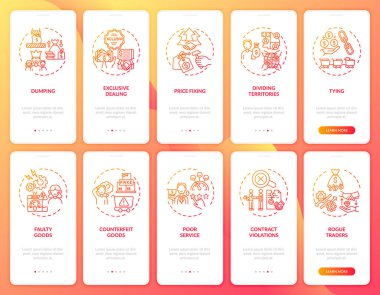 Girişimci faaliyetleri mobil uygulama sayfası ekranında konseptlerle birlikte. Müşteri, 5 adımlık grafiksel talimatları korudu. UI, UX, doğrusal renk çizimleri olan GUI vektör şablonu